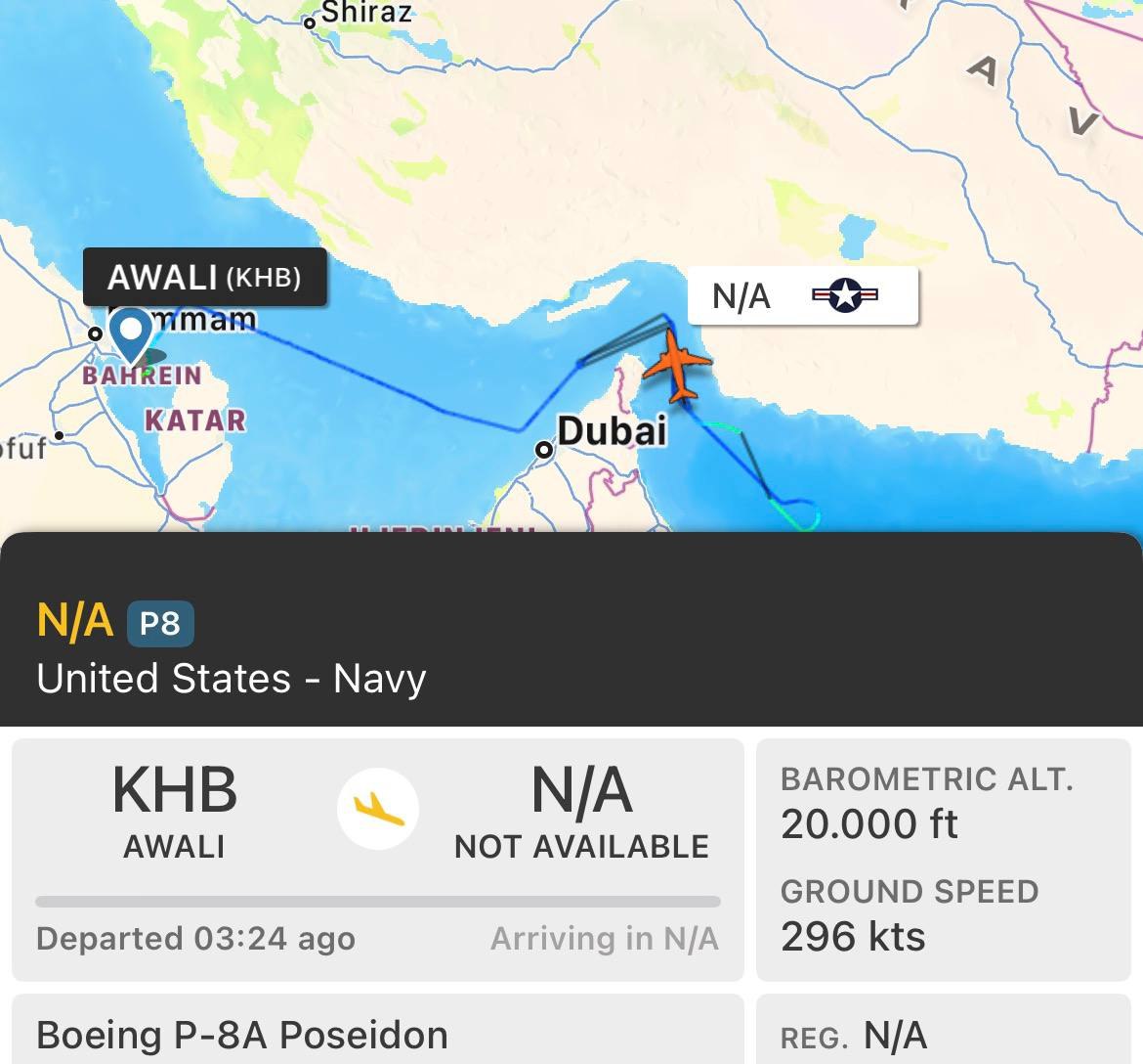 — 
تقوم طائرة استطلاع تابعة للبحرية الأمريكية من طراز P-8A بوسيدون بمراقبة الساحل الجنوبي لإيران في الخليج العربي