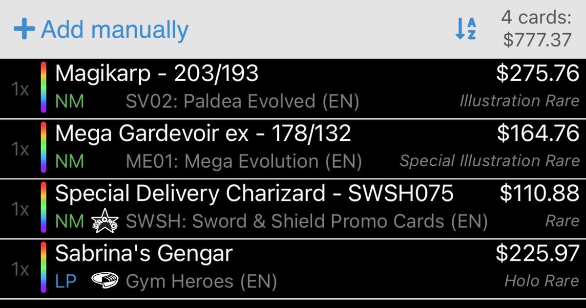 <a href="/NewAgeCardKings/">NewAgeMiguel</a> All prices are OBO

Magikarp $260
Mega Gardevoir $160
Special Delivery Zard $105
Gengar $215
Or buy lot for $700

$5 BMWT