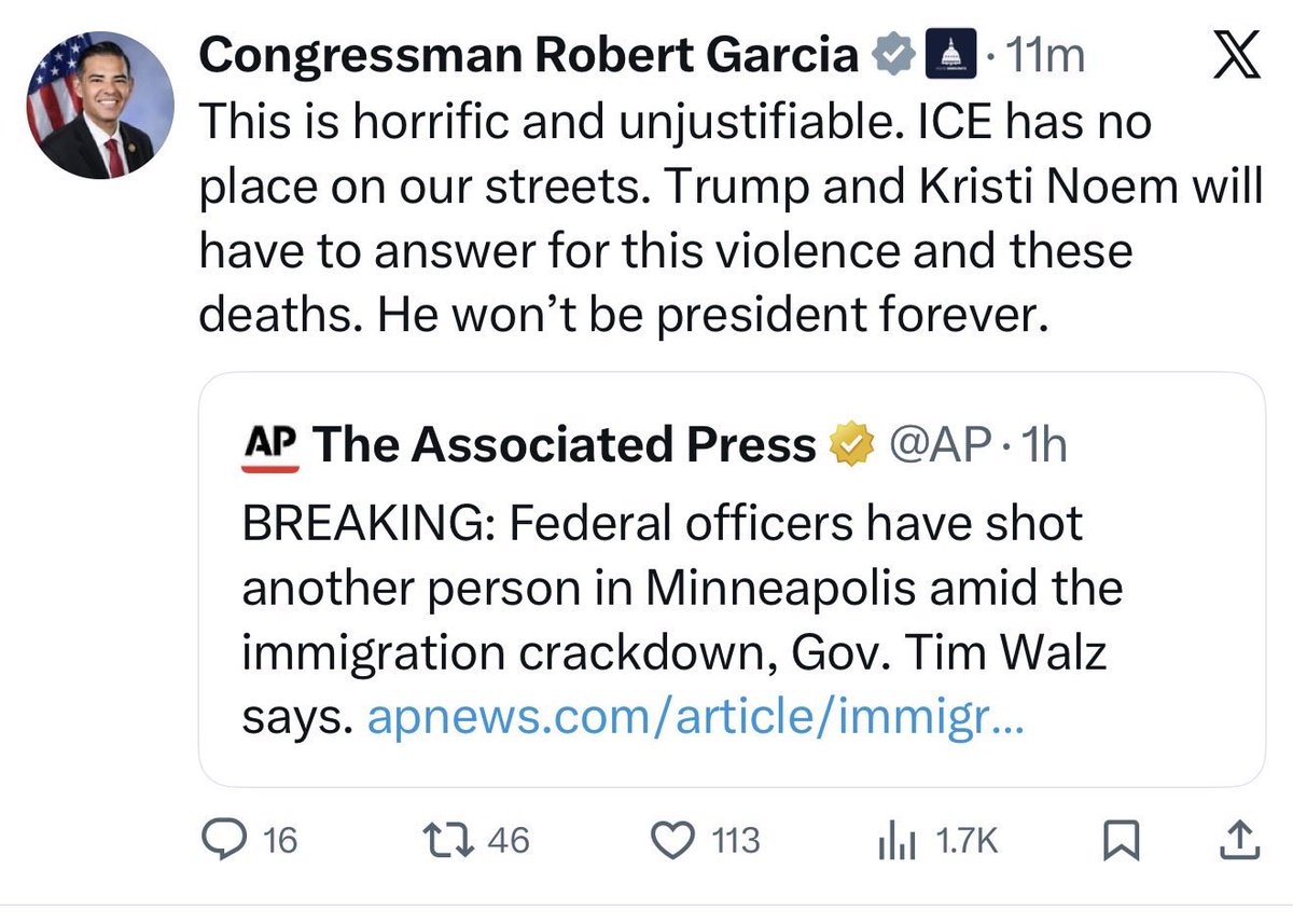 🚨Dear 

Congressman Robert Garcia 

Deleting the post doesn’t erase the damage.😡

Declaring a shooting “unjustifiable” before facts are known and telling your audience that leaders “will have to answer” is not oversight…it’s incitement by insinuation. That language is how mobs