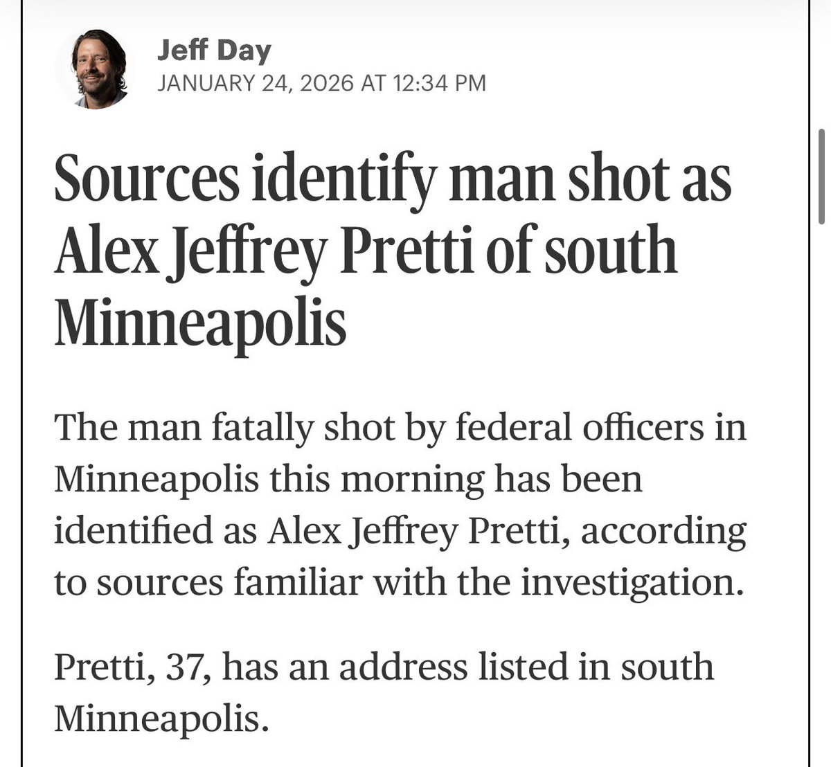 kpottermn's tweet image. The @StarTribune has identified the man shot and killed by ICE agents Saturday as Alex Jeffrey Pretti, a 37-year-old Minneapolis resident and American citizen.

Police Chief Brian O’Hara has confirmed he had a legal permit to carry.
startribune.com/ice-raids-minn…