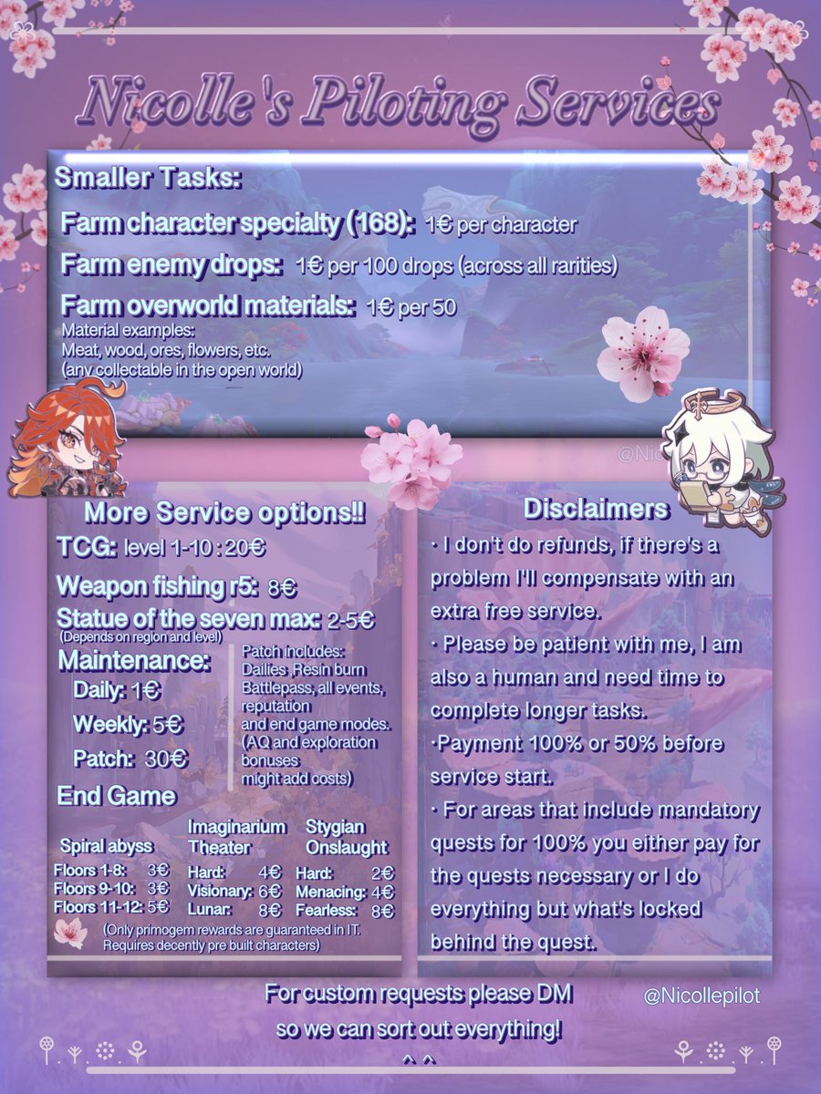 🌸 Genshin piloting services 🌸

Are you burned out, busy or is there something you don't like to do?
Don't miss out on any events, story quests or exploration, I can do it for you!!

🌸Dm to avail or with any questions!
 (˶˃ ᵕ ˂˶)🫶🏻
#genshin #genshintwt #genshinimpact