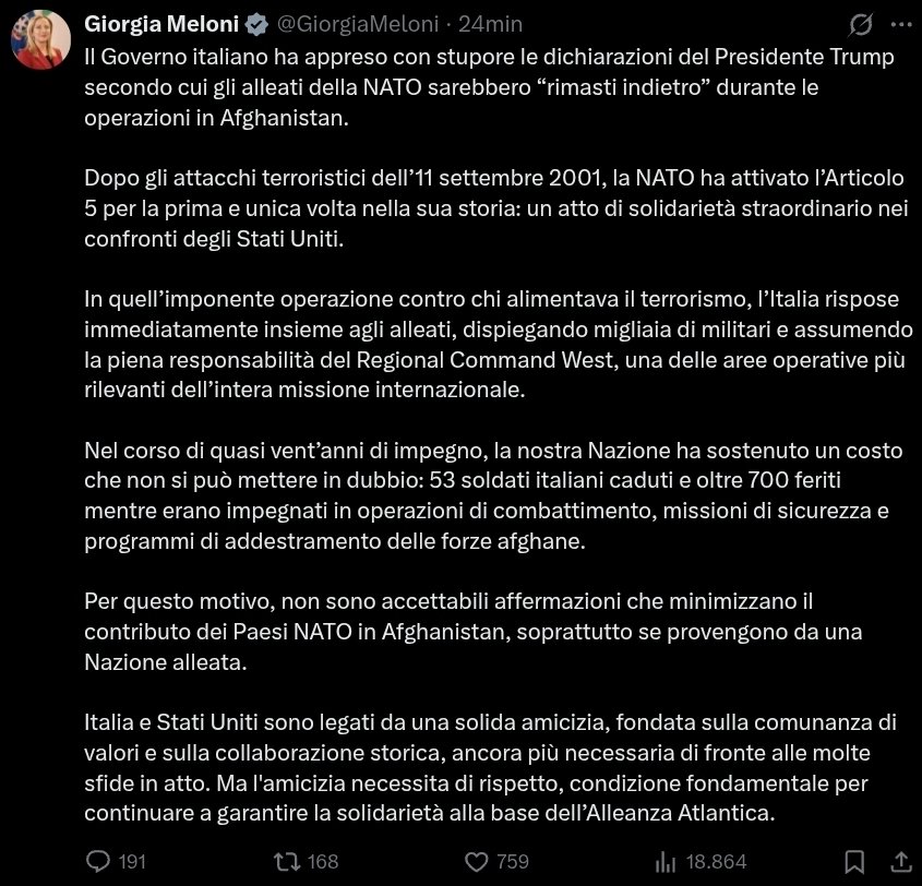 🔴 🇮🇹🇺🇸 Meloni a #Trump: “Non sono accettabili affermazioni che minimizzano il contributo dei Paesi NATO in Afghanistan, soprattutto se provengono da una nazione alleata. L’amicizia tra Usa e Italia necessita di rispetto”.

@PolitikosIt