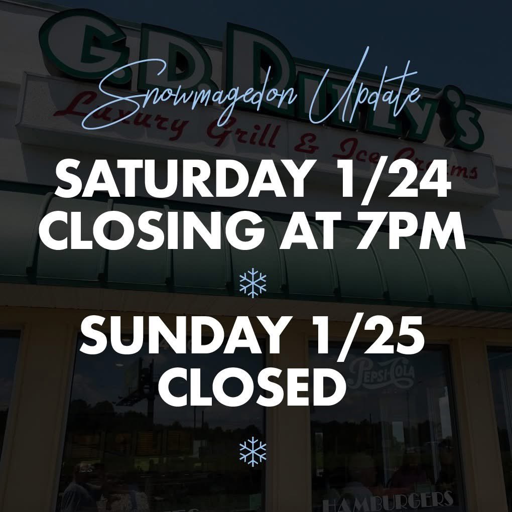 gdritzys's tweet image. ❄️🍔🛑  To keep our staff and customers safe we're going to close all locations at 7pm tonight ( 1/24) and all locations will be closed on Sunday (1/25). Wishing you all a safe, warm and happy Snowmagedon!