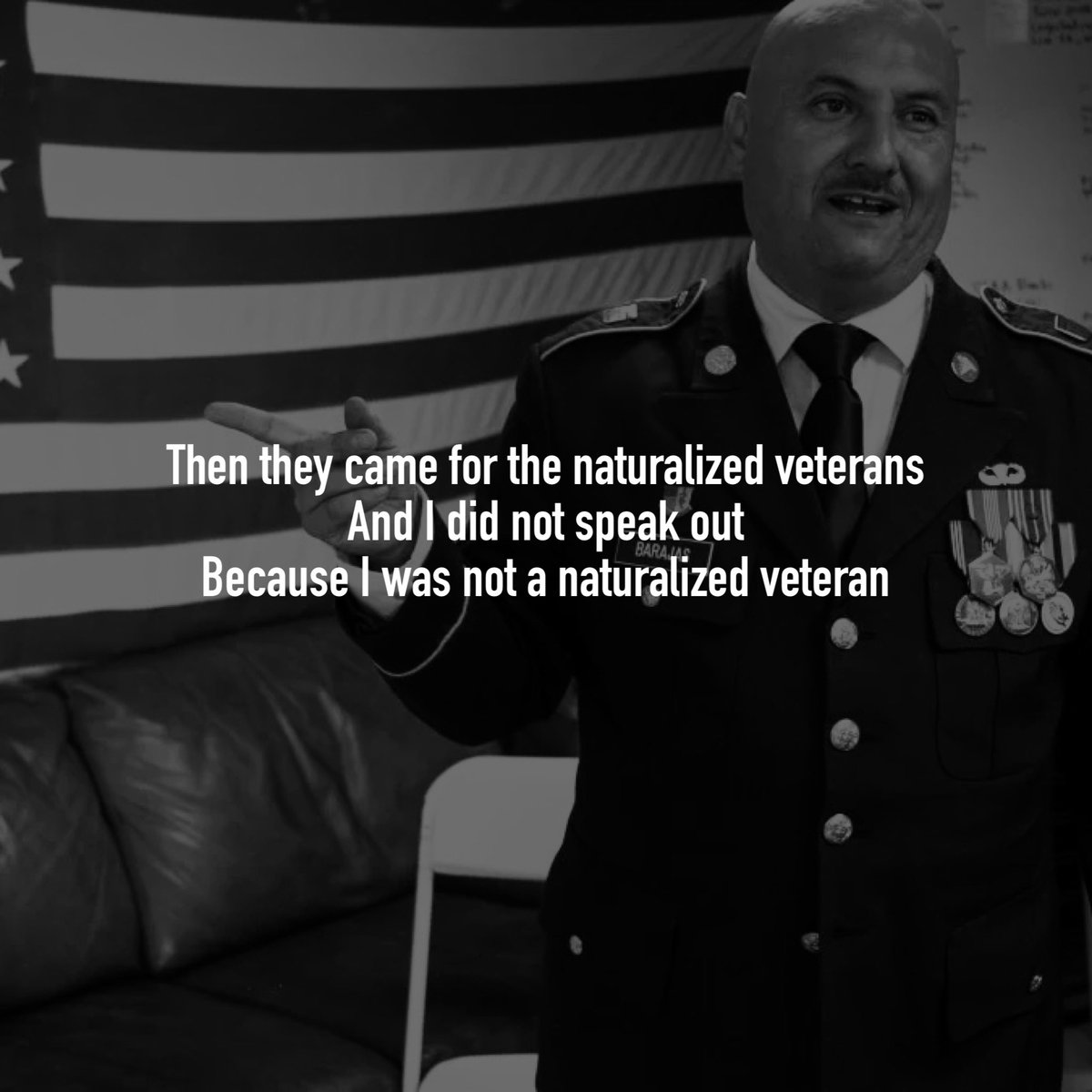 AnarchoXP's tweet image. First they came for the undocumented workers
And I did not speak out
Because I was not an undocumented worker

Then they came for the naturalized veterans
And I did not speak out
Because I was not a naturalized veteran

Then they came for the Mexican Americans
And I did not speak
