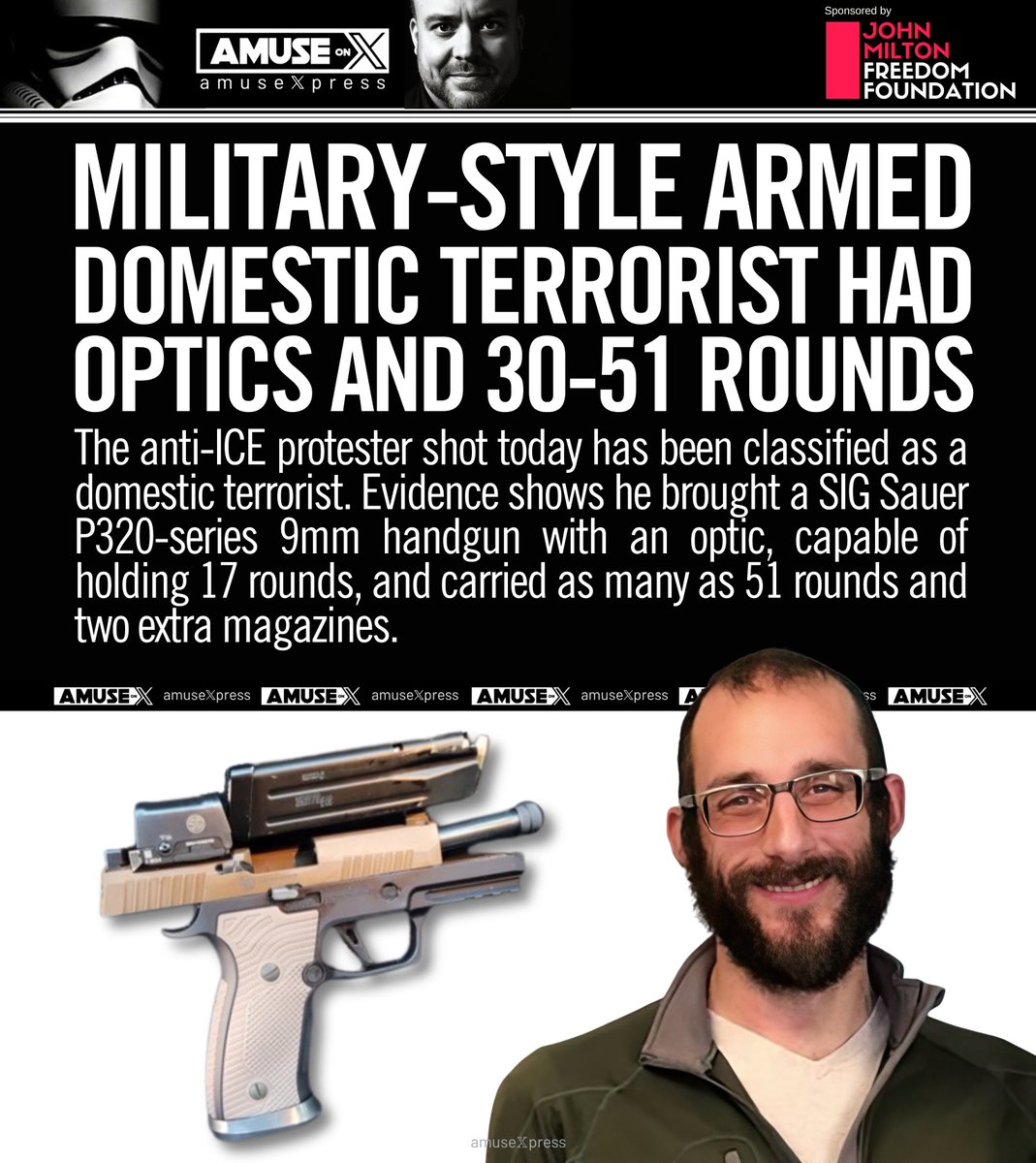 amuse's tweet image. POLITICAL VIOLENCE: Alex Pretti's parents begged him not to 'engage' with federal officers, but he was insistent. Now classified a domestic terrorist, Pretti brought a military style pistol with optics and between 30 and 51 rounds. He came expecting a firefight at distance. If he…