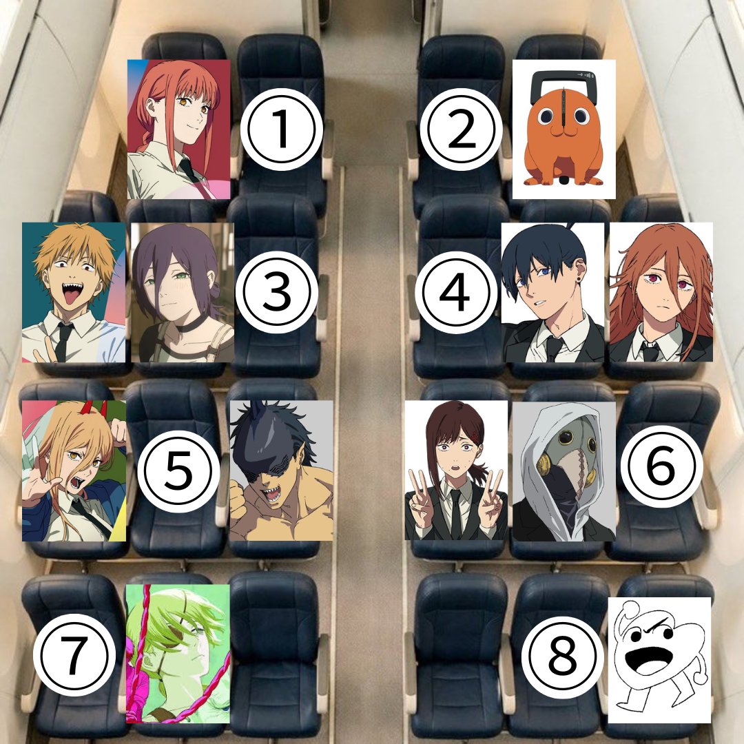 kokepiii2's tweet image. 8時間のフライトどこに座る？
(チェンソーマンver.)