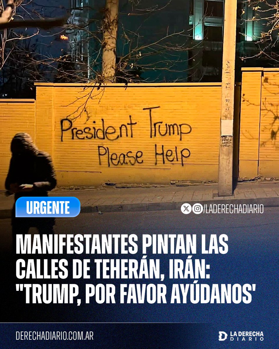 🚨🇮🇷🇺🇲 | Manifestantes pintan las calles de Teherán, capital de Irán, pidiendo ayuda al presidente Donald Trump ante la masacre perpetrada por el régimen terrorista islámico de Alí Jamenei, que según reportes lleva más de 20.000 personas asesinadas.