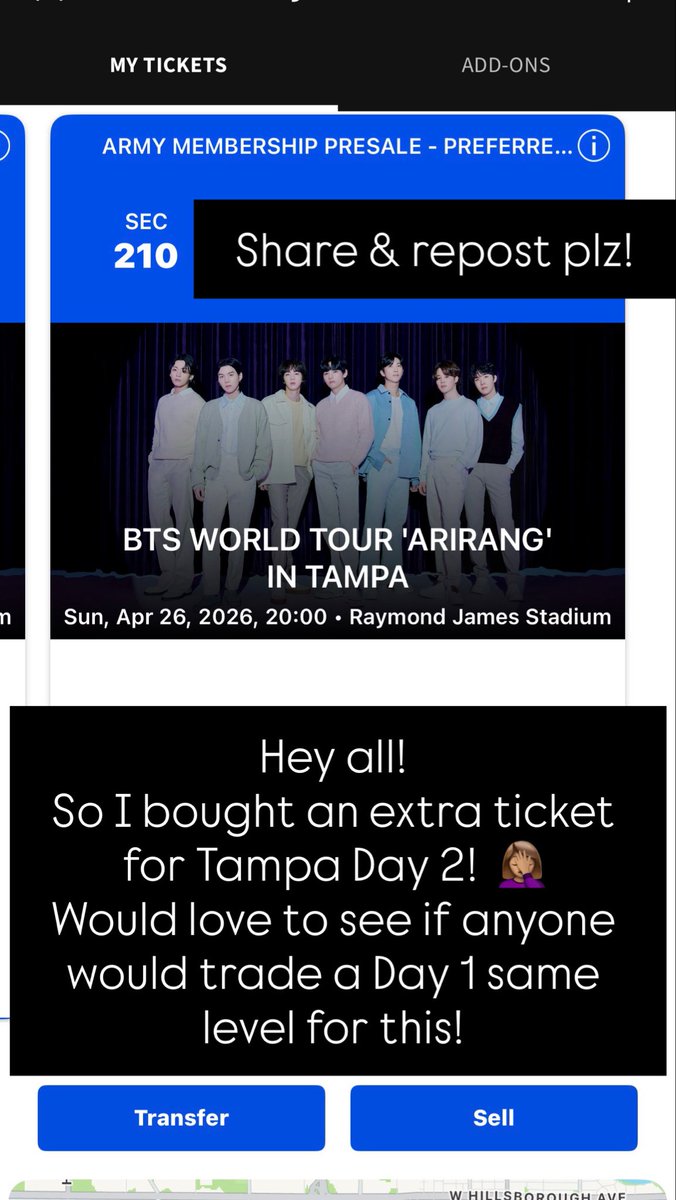 AbiLove2467's tweet photo. @TheQueensInTown Looking to trade for a day 1 for same section or others in the 200s. 
 May be willing to sell later on! 
#BTS #BTS_WORLDTOUR  #BTSTICKETS  #BTS_WORLDTOUR_TAMPA #BTSARIRANG https://t.co/Rq2LZxQpDD