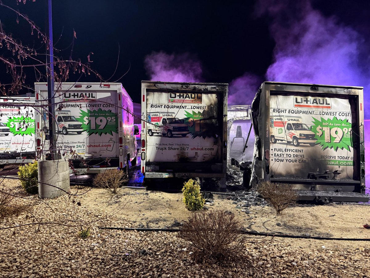 TMFPD's tweet image. Early this morning in Spanish Springs, #TMFR Firefighters quickly knocked down a fire involving two cargo (U-Haul) trucks that were fully involved upon arrival. The fire’s exposure also damaged a third U-Haul. no injuries reported and cause is under investigation.