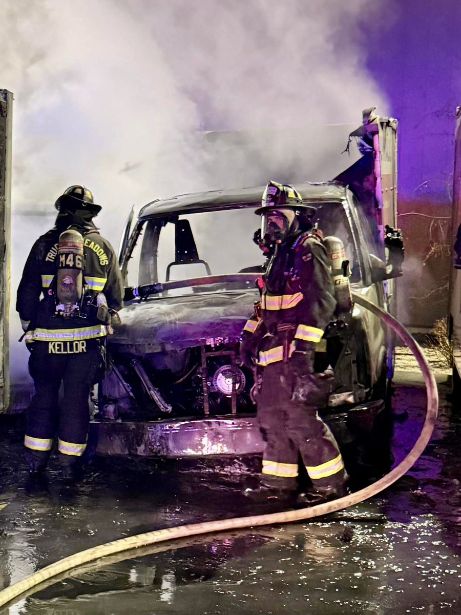 TMFPD's tweet image. Early this morning in Spanish Springs, #TMFR Firefighters quickly knocked down a fire involving two cargo (U-Haul) trucks that were fully involved upon arrival. The fire’s exposure also damaged a third U-Haul. no injuries reported and cause is under investigation.