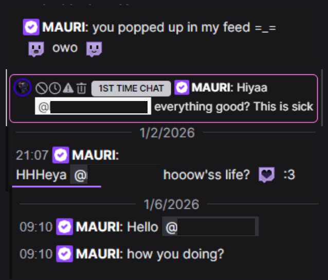 LazinessMaximus's tweet photo. @eaonns I've raised the topic earlier as well with some teammates. 1-2 random messages, nothing more. Checked them out as well and it seems they 24/7 stream reruns of same video. These are just few chats I moderate in but others also reported meeting that person in their chats. https://t.co/SF0EIxLfu7