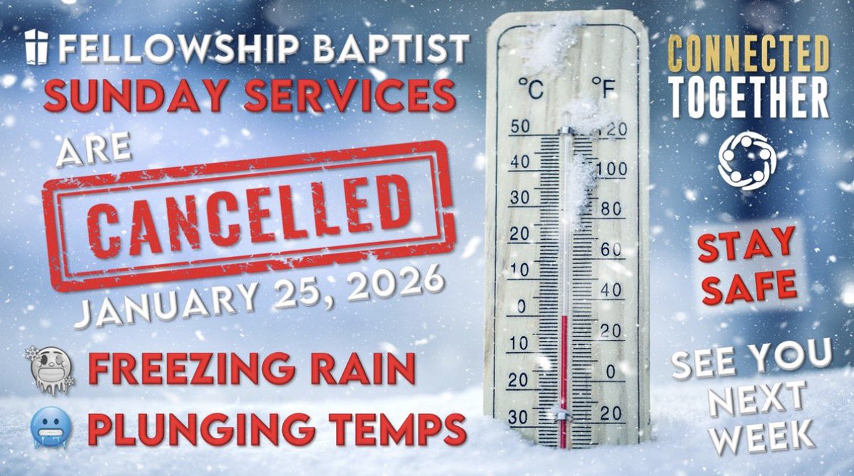 Fellowship Family – Weather Update 
Out of an abundance of caution looking at the storm forecast beginning Saturday evening, January 24, 2026 and continuing throughout Sunday, January 25, 2026, we have decided to cancel all IN-PERSON worship activities on campus for Sunday,