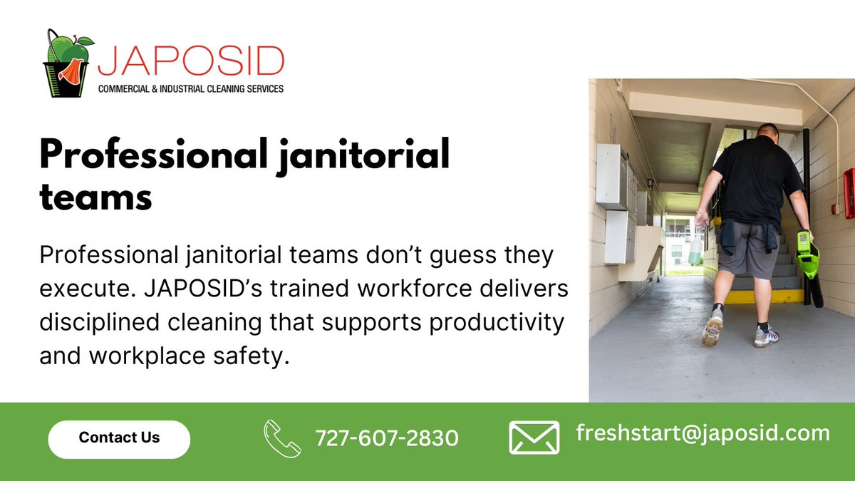 JAPOSID4Hire's tweet image. Professional janitorial teams don’t guess they execute. Call/text 727-607-2830 or email freshstart@japosid.com for more information.

#ProfessionalCleaning   #JanitorialServices   #FacilityMaintenance #WorkplaceCleanliness    #CommercialCleaning   #WorkplaceSafety #CleanAn...