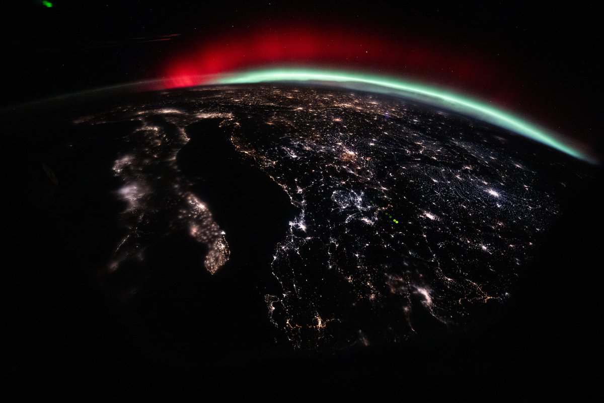 A green and red aurora streams across Earth’s horizon above the city lights of Europe in this photo taken from the <a href="/Space_Station/">International Space Station</a> on Jan. 19.

These auroras are caused when energetic particles from space collide with atoms and molecules in our atmosphere.

📸: NASA/Chris Williams