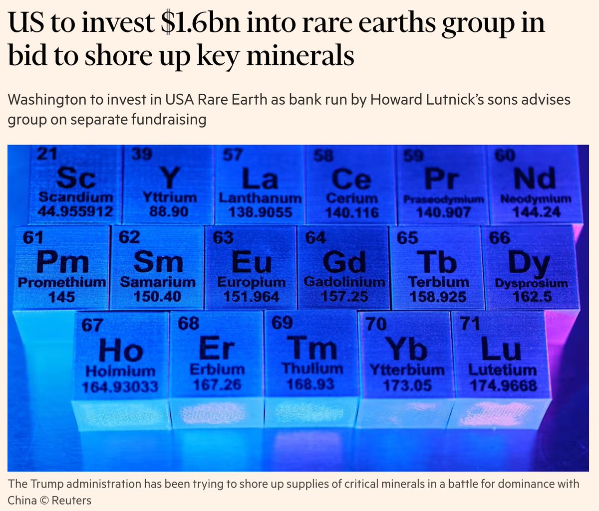wallstengine's tweet image. FT: The U.S. plans to put $1.6B into USA Rare Earth $USAR, taking about a 10% stake and providing $1.3B of senior secured debt through a Commerce Dept. finance facility tied to the CHIPS Act. The package and a separate $1B private financing are expected to be announced Monday.