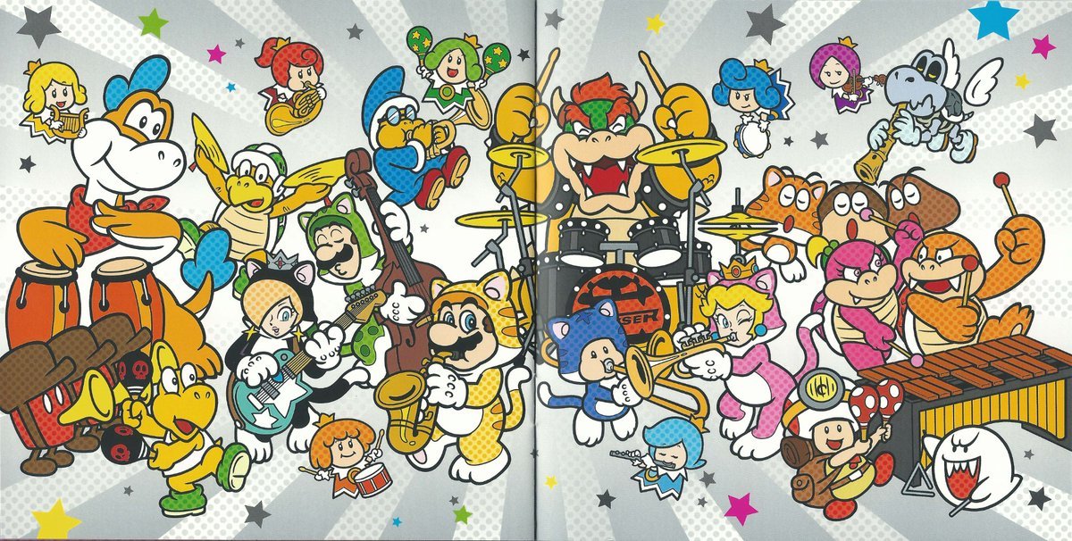 Insert booklet art from the Super Mario 3D World Original Sound Track, featuring Mario on saxophone, Luigi on bass, Peach on trumpet, Toad on trombone, Rosalina on electric guitar, Bowser on drums, Boom Boom and Pom Pom on xylophone, Plessie on congas, Hammer Bro on cymbals, etc.