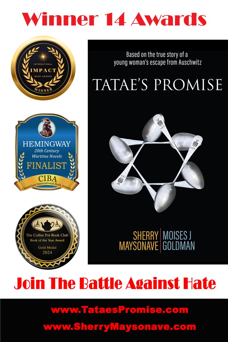 SMaysonave's tweet photo. Join us in the battle against Hate, Antisemitism, and Defamation. Tatae's Promise - You will live... you will tell" currently is the Amazon #1 Best Seller in Jewish Literary Criticism. https://t.co/xYNMKEGEnL @SherryMaysonave @moigold @ChantiReviews @cathiedunn @NimStant https://t.co/KAKLspIxDI