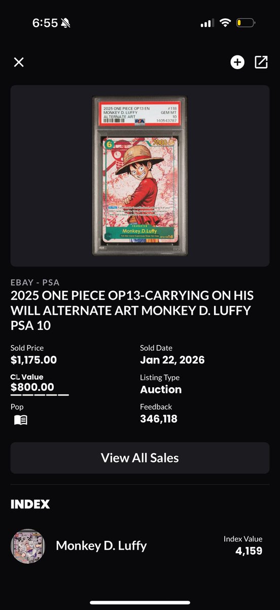 cardplugg's tweet photo. @JJoohnj I found it. It’s picky on wording. But CL value is $800 because that’s what the last sold for. https://t.co/njdvZZ0Xeo