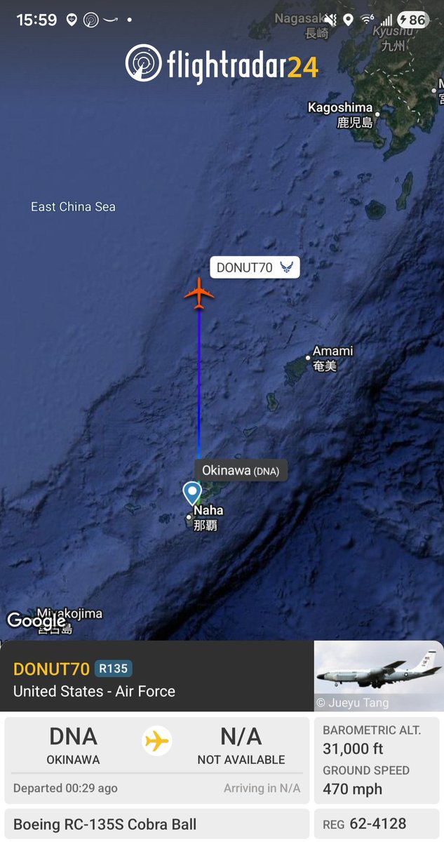 Borrowed7Time's tweet image. USAF RC-135S Cobra Ball 62-4128 #AE01D7 as DONUT70 departing Kadena AFB Okinawa, tracking N.

The Cobra Ball is deployed to collect optical and electronic data on ballistic targets.
@sipjack1776 @_shrimpsisbugs @LadyAstroJet
