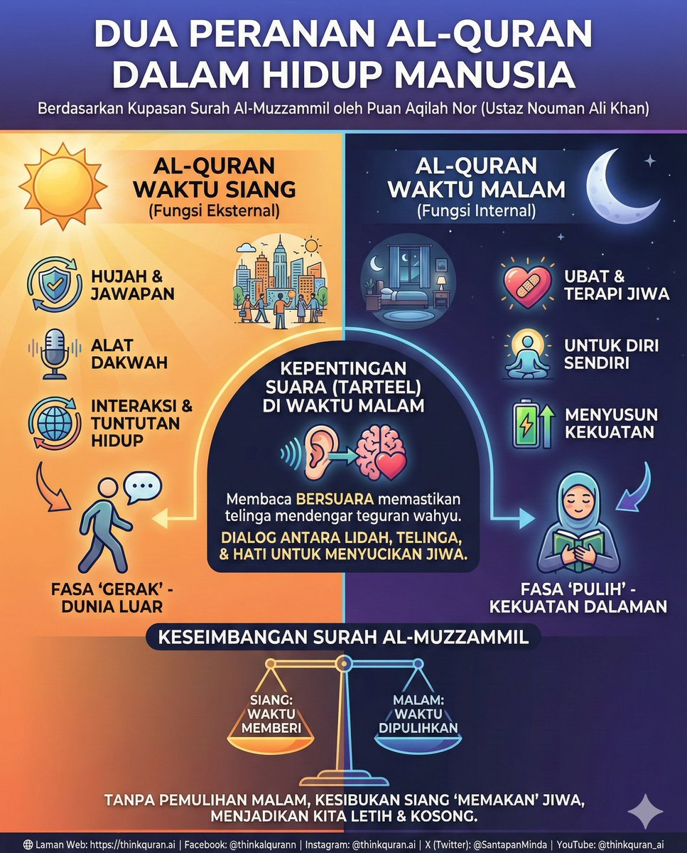 Al-Quran bukan sekadar bacaan, ia adalah sistem pemulihan jiwa.

Berikut adalah fasa bagaimana Al-Quran menyusun semula hidup kita:

Langkah 1: Fahami Peranan SiangDi siang hari, gunakan Al-Quran sebagai panduan tindakan, jawapan kepada cabaran, dan prinsip kerja. Ini adalah