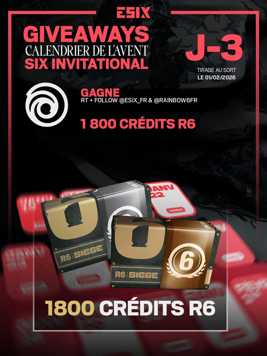 🚨 J-3⃣ 🚨
Ça peut toujours dépanner 😏💰
Grâce à Ubisoft nous vous offrons 1⃣8⃣0⃣0⃣ crédits 😱

👉 Pour participer
🔁 Repost
✅ Follow <a href="/Rainbow6FR/">Rainbow Six Siege X FR</a> &amp; <a href="/ESIX_FR/">ESIX | FR</a>

🗓️ T.A.S. 01/02/2026 - 22h