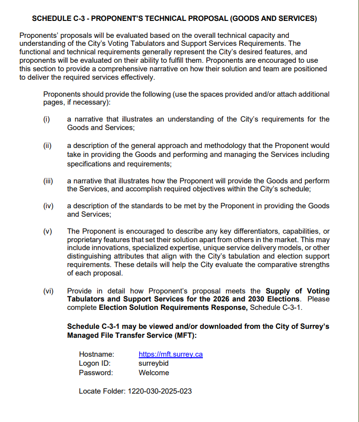 HayzeeUnscript's tweet photo. 🧨BC Elections - Surrey, BC Exposed 

The Procurement for 2026 and 2030 elections 

Vendors were directly instructed to access a secure portal for election contracts for 2026 and 2030 tabulators.

The login and password were printed directly inside the official procurement document.

No meaningful protections. No clear transparency.
Critical details routed through a vendor-only system instead of public disclosure.

So the question is simple:

Why is the public excluded from the system that decides election infrastructure? 

And why was this portal hidden from visibility but not secured with the same rigor?

This becomes more concerning as the thread unfolds 

/2