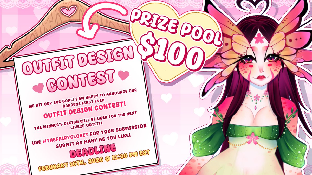 Artofgaby's tweet photo. 🩷 What's in my closet!? 🩷

I am so happy to annouce our first ever Outfit Design Contest!

 $100 prize for the Winner!

To enter please use #TheFairyCloset for your submission! 
DEADLINE: Feb. 15th 2026 @ 11:30 PM EST!

Winner will be annouced during my debut! 

 Rules below! https://t.co/4BwkYnhEss