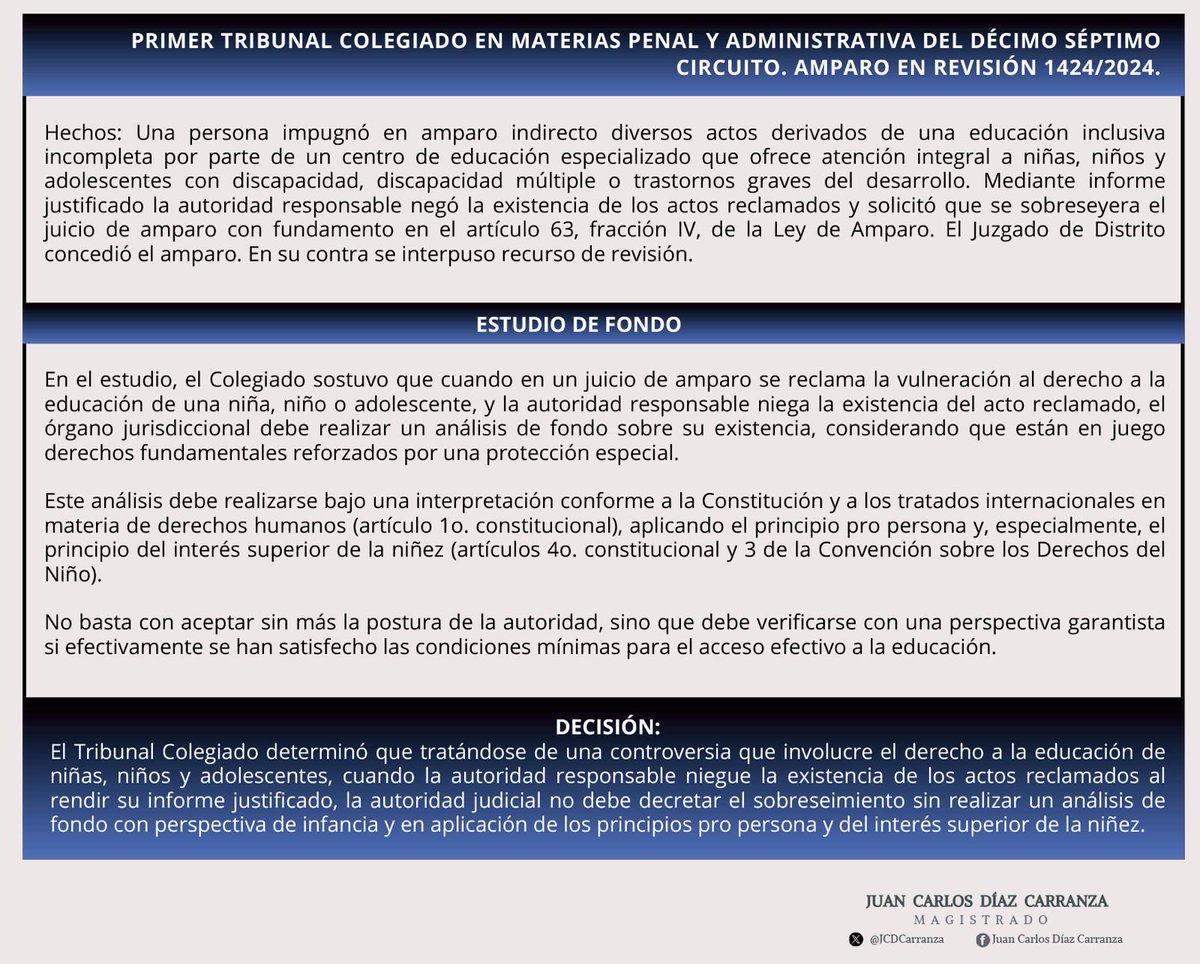 JCDCarranza's tweet image. PRINCIPIOS PRO PERSONA Y DEL INTERÉS SUPERIOR DE LA NIÑEZ 

Les cuento: 

Una persona impugnó en amparo indirecto diversos actos derivados de una educación inclusiva incompleta por parte de un centro de educación especializado que ofrece atención integral a NNA con discapacidad,…