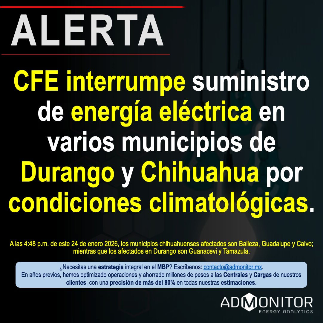 AdmonitorEnergy's tweet photo. 🚨⚡ ALERTA
Tormenta invernal afecta el suministro eléctrico en 🇲🇽 y 🇺🇸.
📍 CFE reporta interrupciones en Chihuahua y Durango por condiciones climatológicas.
👷‍♂️ Personal atiende la contingencia.

❄️ Clima extremo = presión sobre la red.
#CFEInforma #AlertaEnergética https://t.co/ulqa3Jjxcu
