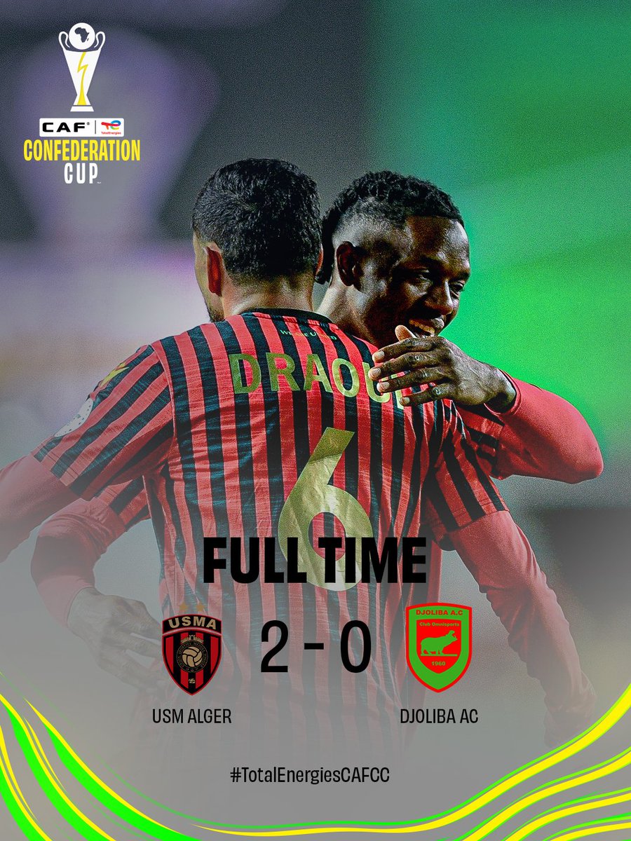 SWorld77267's tweet image. 🏁 USM ALGER 2-0 Djoliba AC

📊 USM Alger secured their third consecutive victory in Group A of the CAF Confederation Cup with a 2-0 win over their Malian visitors, Djoliba.
⁦#TotalEnergiesCAFCC  #𝗔𝗹𝗹𝗲𝘇𝗹𝗲𝘀𝗿𝗼𝘂𝗴𝗲𝘀 ⚫🔴