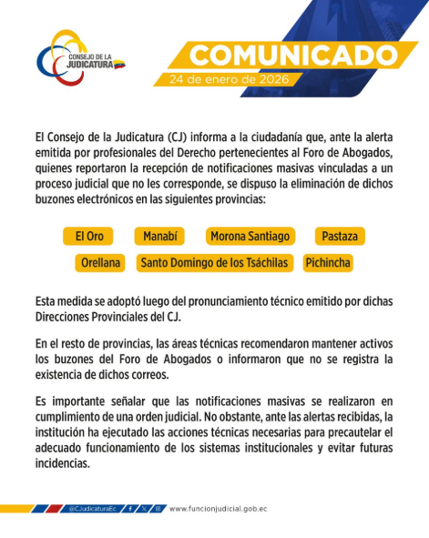 EcEnDirecto's tweet photo. #ATENCIÓN
Después de las alertas por la recepción de #notificaciones masivas relacionadas a procesos judiciales que no tenían nada que ver con sus destinatarios, el Consejo de la Judicatura manifestó que dispuso la #eliminación de buzones electrónicos del Foro de Abogados en varias provincias. La medida se implementó en El Oro, Manabí, Morona Santiago, Pastaza, Orellana, Santo Domingo de los Tsáchilas y Pichincha, tras un pronunciamiento técnico de las #direcciones provinciales.