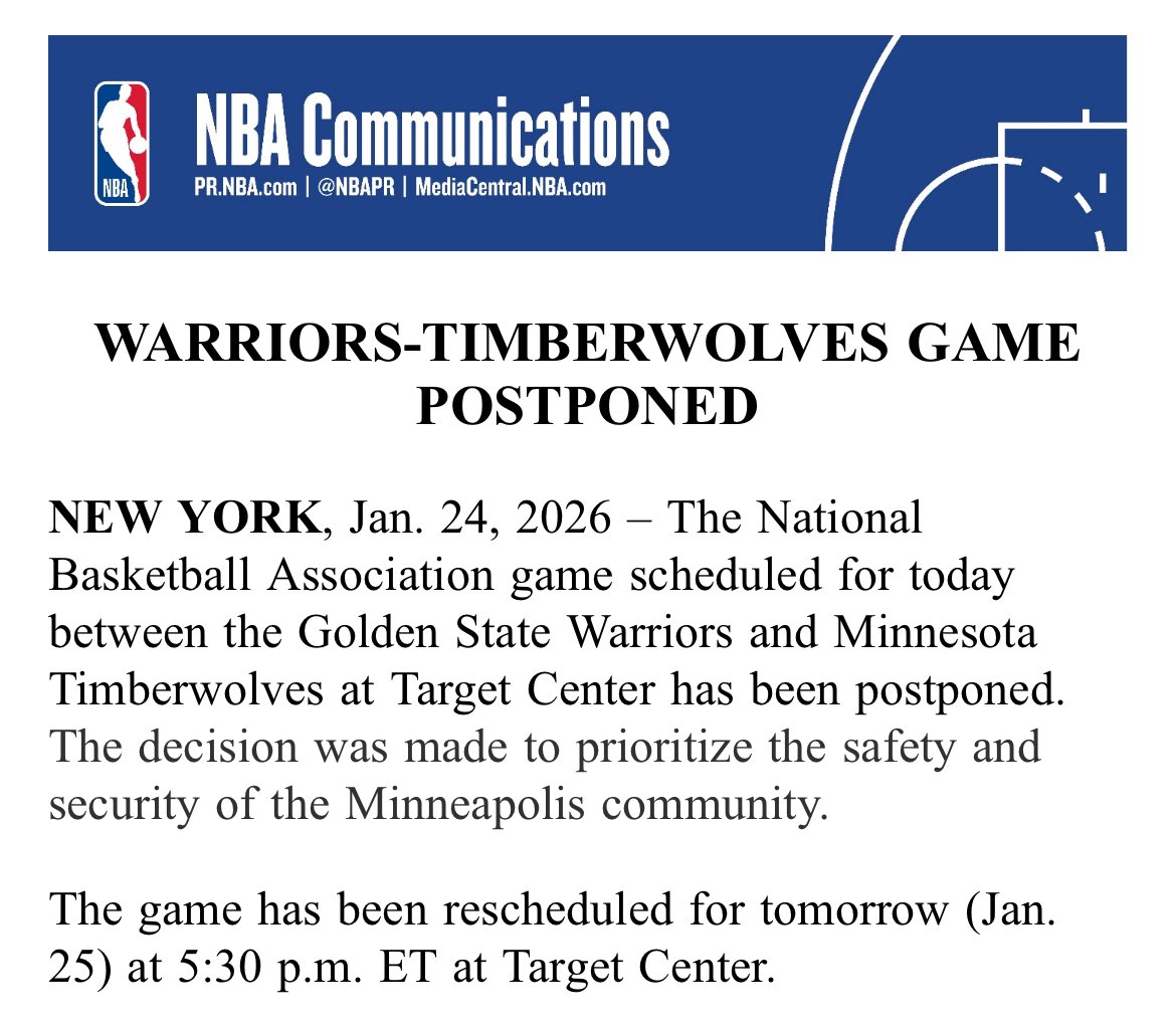 Wolves vs Warriors is postponed, hard to see any of the players or coaches wanting to play a game today. 

Gotta give props when it’s due, postponing a nationally televised game seems to meet the moment. 

Today isn’t a day for basketball.