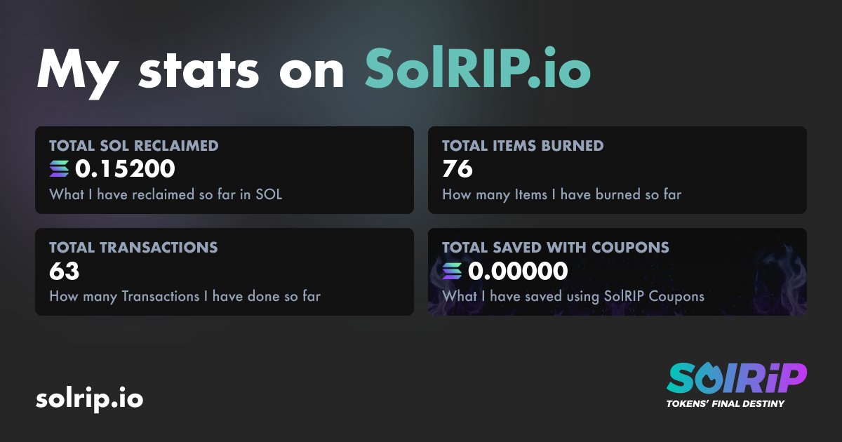 mr58716's tweet photo. Here's my SolRIP Profile Stats! See how much SOL I've reclaimed so far! Clean your wallet, reclaim SOL and collect stats on https://t.co/jrcYBua9IZ 💀❤️‍🔥

@SolRipBurn #solrip #solripburn #solanaburner https://t.co/P2LhkEQ855