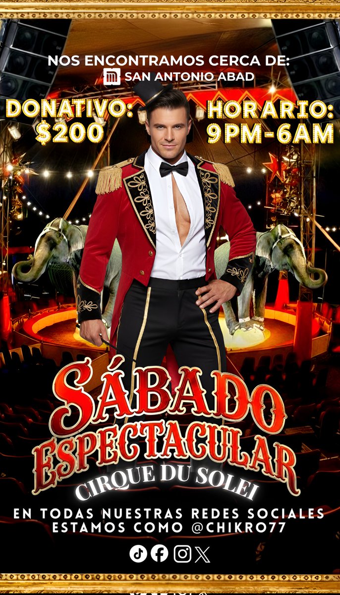 Llega el fin de semana en <a href="/Chikro77/">CHIKRO 77</a> y el espectáculo empieza 🎪 domadores, trapecios y bestias sueltas 😈 te lo vas a perder? Aquí no solo aplaudes con las manos 🔥

🗓️ 24 de Enero 
💵 Donativo: $200
🕤 Horario: 9 PM - 6 AM
🚇 Nos encontramos cerca de metro San Antonio Abad