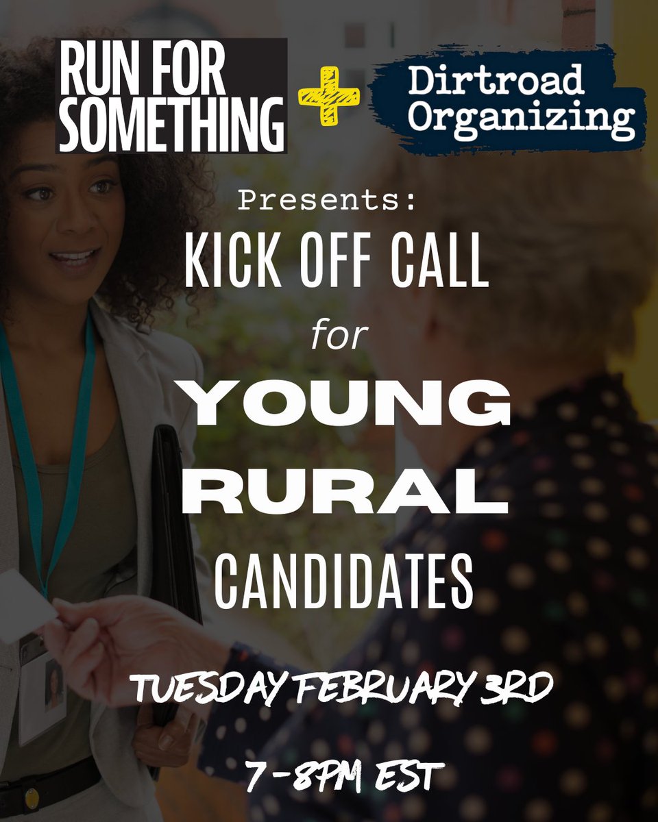 DirtroadOrg's tweet photo. We are thrilled to announce our partnership with @runforsomething to recruit young rural leaders to run for office.  

Join our Kickoff Call on Tuesday February 3rd at 7pm ET to learn more + get a peak into the RFS/Dirtroad Cohort.  

https://t.co/R3kQiN3Uq7 https://t.co/k65i9lhHJ3