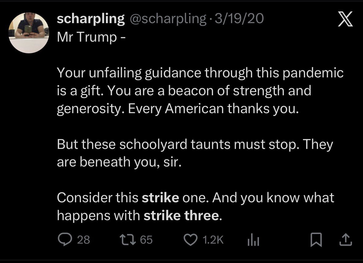 One of my favorite pieces satirizing ineffective democrat scolding in the face of Trumpism was Tom Scharpling’s “strike three” tweets