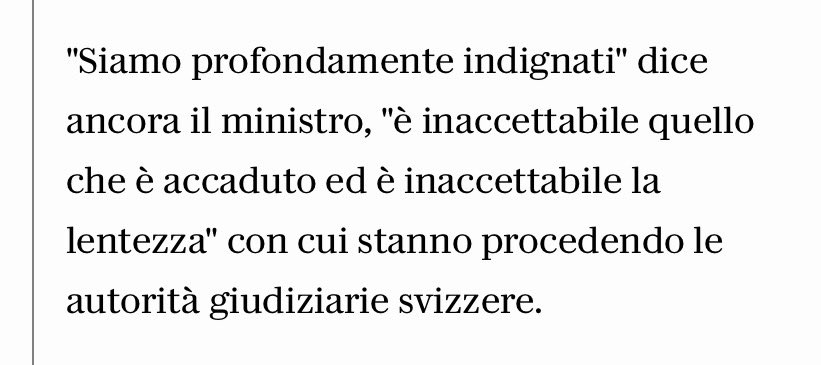 Tajani accusa di lentezza le autorità giudiziarie svizzere.
Il fatto è accaduto 23 giorni fa.
Il crollo del
Ponte Morandi risale al 2018 e siamo ancora in attesa della sentenza di primo grado.