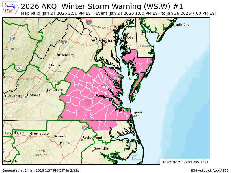 iembot_akq's tweet photo. AKQ continues Winter Storm Warning for Gates [NC] and Gloucester, Isle of Wight, Lancaster, Mathews, Middlesex, Newport News, Northumberland, Suffolk, York [VA] till Jan 26, 7:00 PM EST https://t.co/ER6AyxYaMQ https://t.co/R9iH9ohb6B