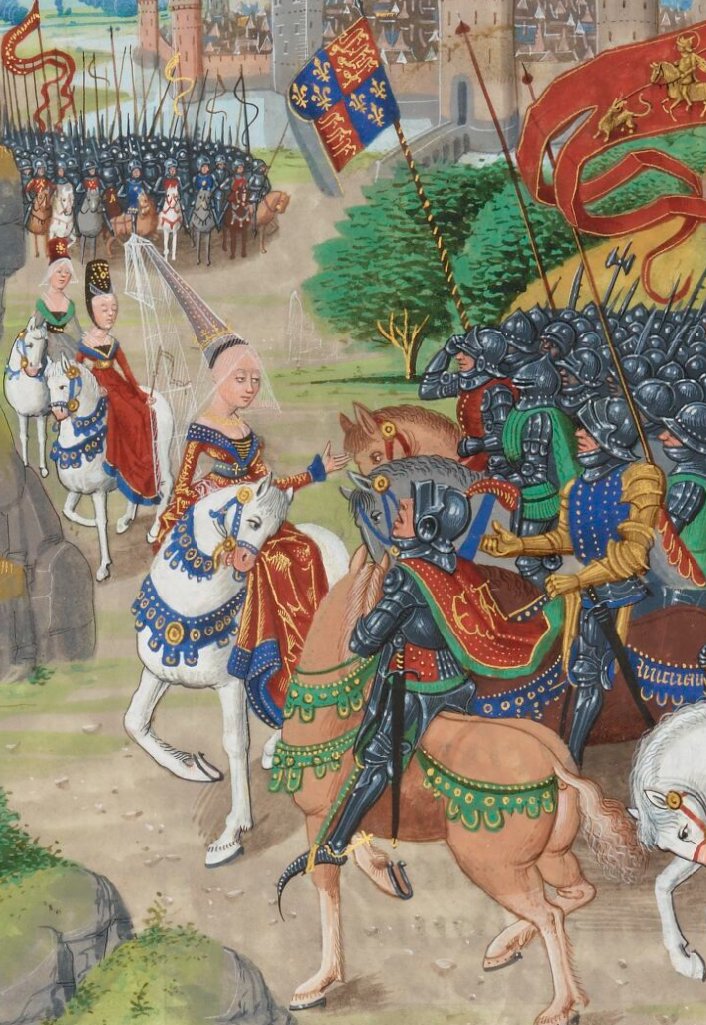 Philippa of Hainault inspiring an English army ahead of the battle of Neville's cross against the Scots. Philippa's husband, Edward III, was in France at the time but Philippa's words had the deserved effect as the English triumphed.