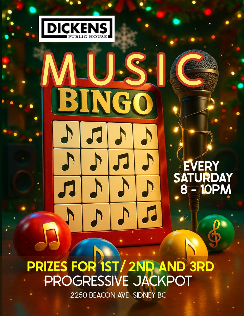 Join us every Saturday from 8 to 10 PM for music, prizes for 1st, 2nd, and 3rd place, plus a progressive jackpot at 2250 Beacon Ave, Sidney BC. #LiveMusic #Jackpot #SidneyBC