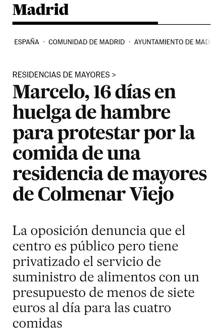 Marcelo,16 días en huelga de hambre por que Ayuso le está MATANDO de hambre en una residencia madrileña...5 Euros se gasta al día por 3 comidas.. Viva la libertad de Ayuso!!!!