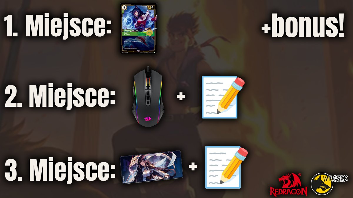 ArenasGreatest's tweet photo. Nagrody jutrzejszej Areny Greatest 2! 🔥

1. Miejsce: Ahri Alluring PROMO CARD
2. Miejsce: Myszka Redragon M910-K Ranger + kod na 25 zł  do wykorzystania w sklepie Wilczek
3. Miejsce: Podkładka Redragon P046 L +  kod na 25 zł  do wykorzystania w sklepie Wilczek

DO JUTRA ⚔️ https://t.co/xXUW2TFohB