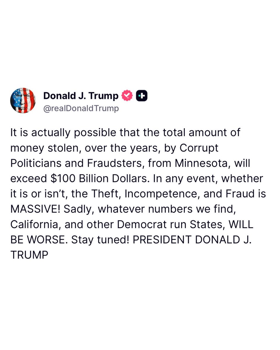 EricLDaugh's tweet image. 🚨 HOLY SMOKES. President Trump just confirmed the Minnesota fraud could be OVER $100 BILLION dollars

We need MASS AUDITS and arrests! 

“It is actually possible that the total amount of money stolen, over the years, by Corrupt Politicians and Fraudsters, from Minnesota, will…