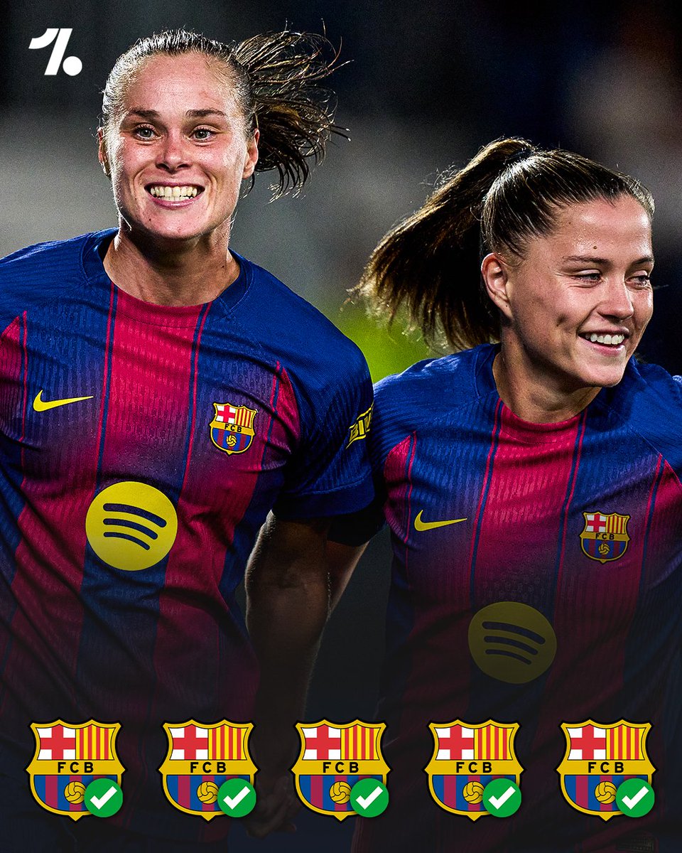 OneFootball's tweet photo. Barcelona have won five Supercopa de España Femenina trophies in a row 🏆🤯 https://t.co/jvu69iUdMf