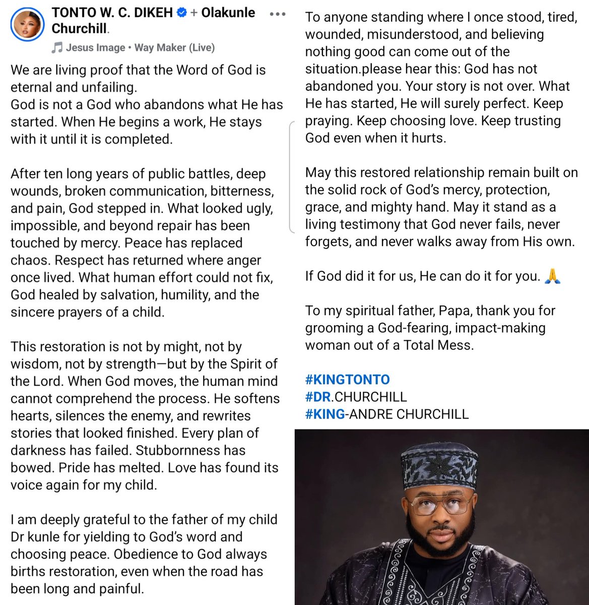 Abiaonline1's tweet photo. After 10 years of public war, Tonto &amp; Churchill are now at peace.
Forgiveness is powerful, but Nigerians are confused:

Were the allegations true and fixed?
Exaggerated?
Or was Season 1 just for ratings?

God restores, yes…
But facts still need subtitles.

#Nigeria https://t.co/DZR6W5yF8v