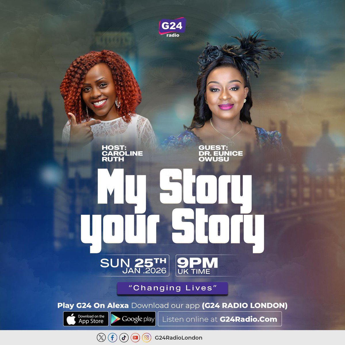 My Story Your Story returns this Sunday at 9PM with an exceptional  guest Dr. Eunice Owusu.
Her Journey will inspire, uplift, and empower you.

Listen in via G24 Apps, Alexa or Online at G24Radio.com