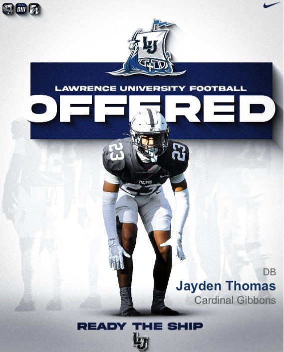 JaydenCThomas1's tweet photo. Blessed to receive an offer from Lawrence University!!!
@Jason_Kradman @Coach_RThomas @LUVikingsFB 
@FootballGibbons @Redskins32 
@5manfree https://t.co/NdwYb5aVfc