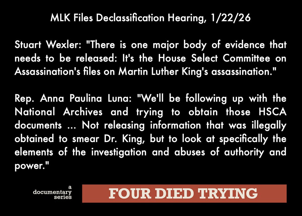 FourDiedTrying's tweet image. Hopeful news from this week's hearing on the #MLK files: @RepLuna said she's going to ask for the still-classified HSCA documents on Dr. King's assassination to be released✨