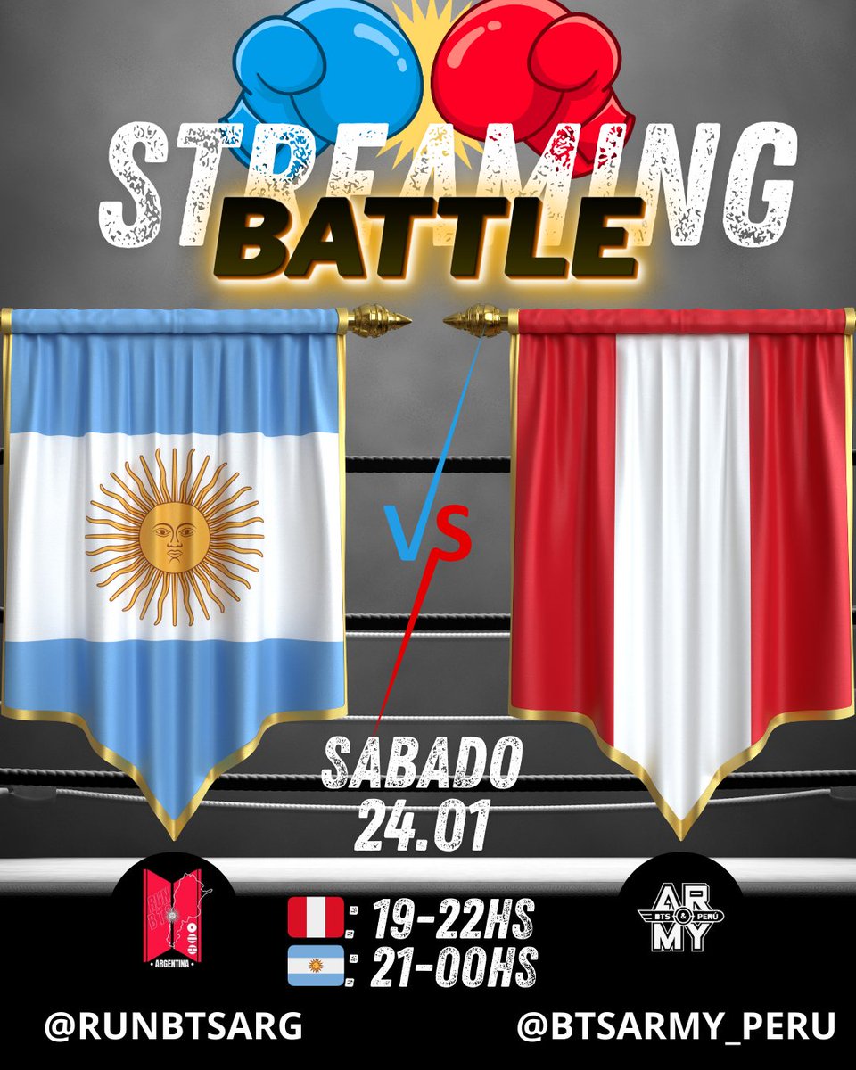 RunBTSArg's tweet image. 🇵🇪PE-ARMY vs ARGMY BATTLE 🇦🇷

ARGMY! ES HOY, ES HOYYYY!! 

¿Están listxs para la batalla de streaming contra ARMY PERU?💜

→ Comienza hoy a las  21:00 🔥

⚔️ Cronograma de la batalla en la segunda imagen ↓

¿Quienes se unen? 😎

ARGMY VS PEARMY BATTLE