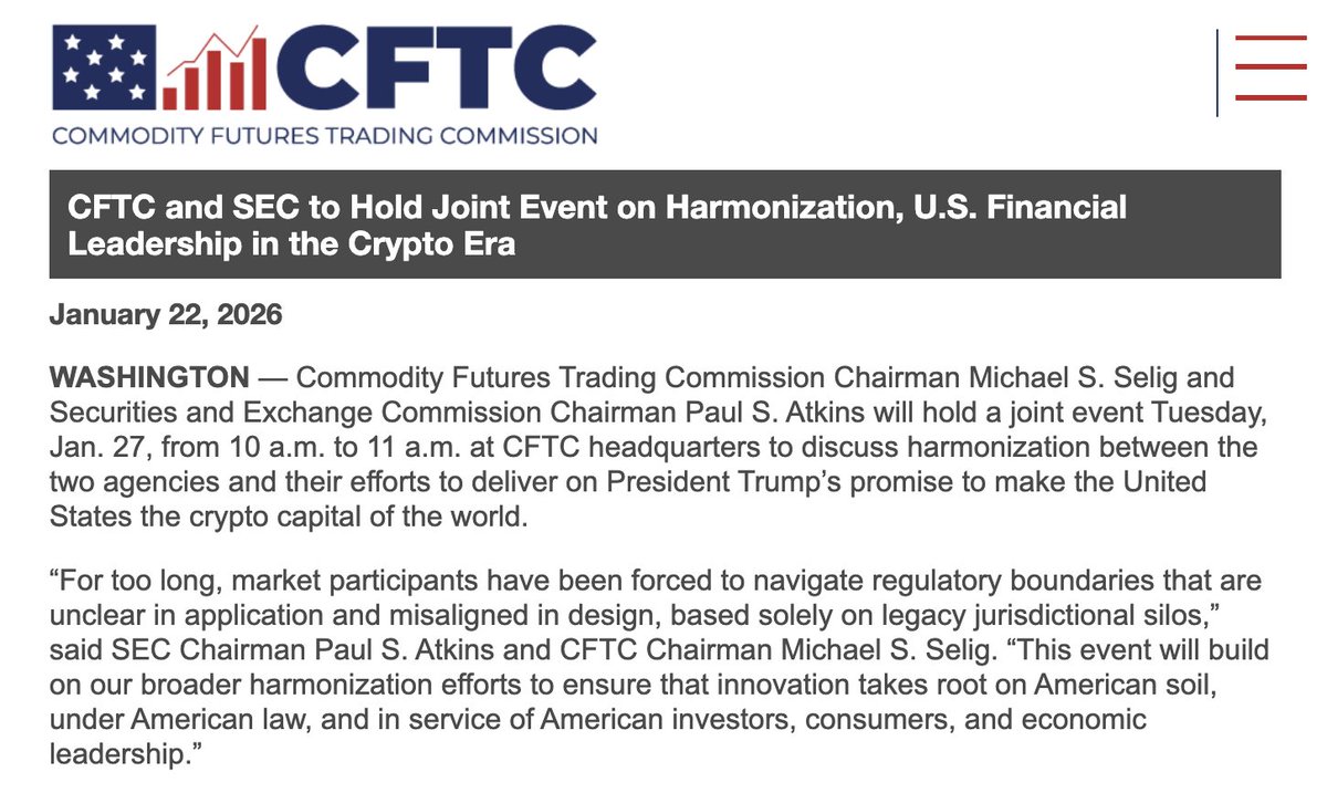 🇺🇸 This week, the SEC and CFTC announced a joint event to discuss crypto  regulation harmonization. Chairmen Atkins and Michael Selig will focus on  aligning efforts to make the U.S. 